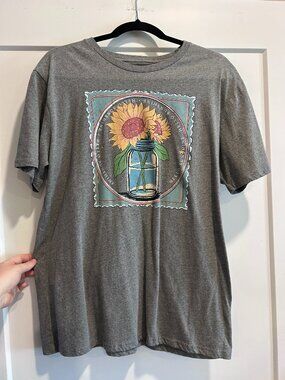Hello Sunshine Sunflower Mason Jar Graphic Tee Gray Unisex Size Large